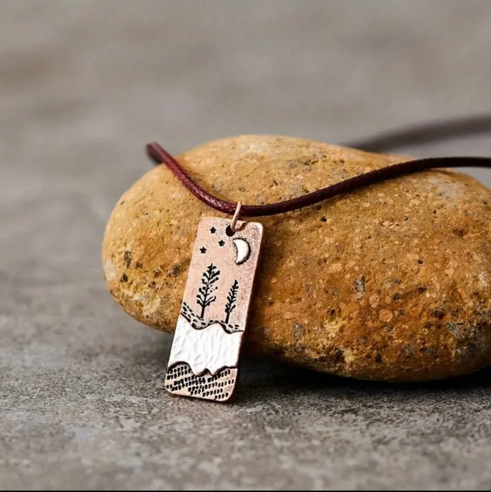 Bohemian Copper- Colored Square Pendant Necklace With Moon On Cord